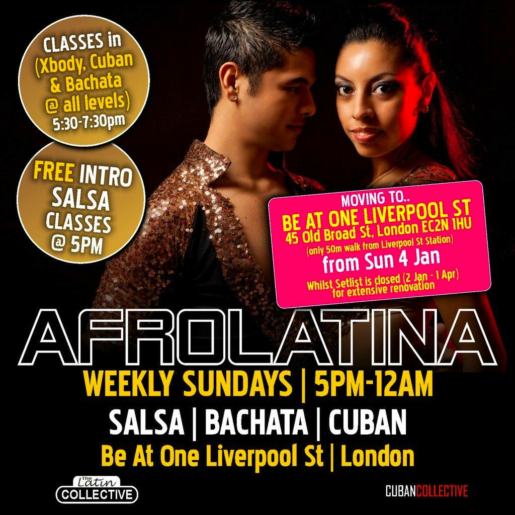 FREE intro Beginners Salsa & Bachata class 5pm London Sundays at Be At One Liverpool Street