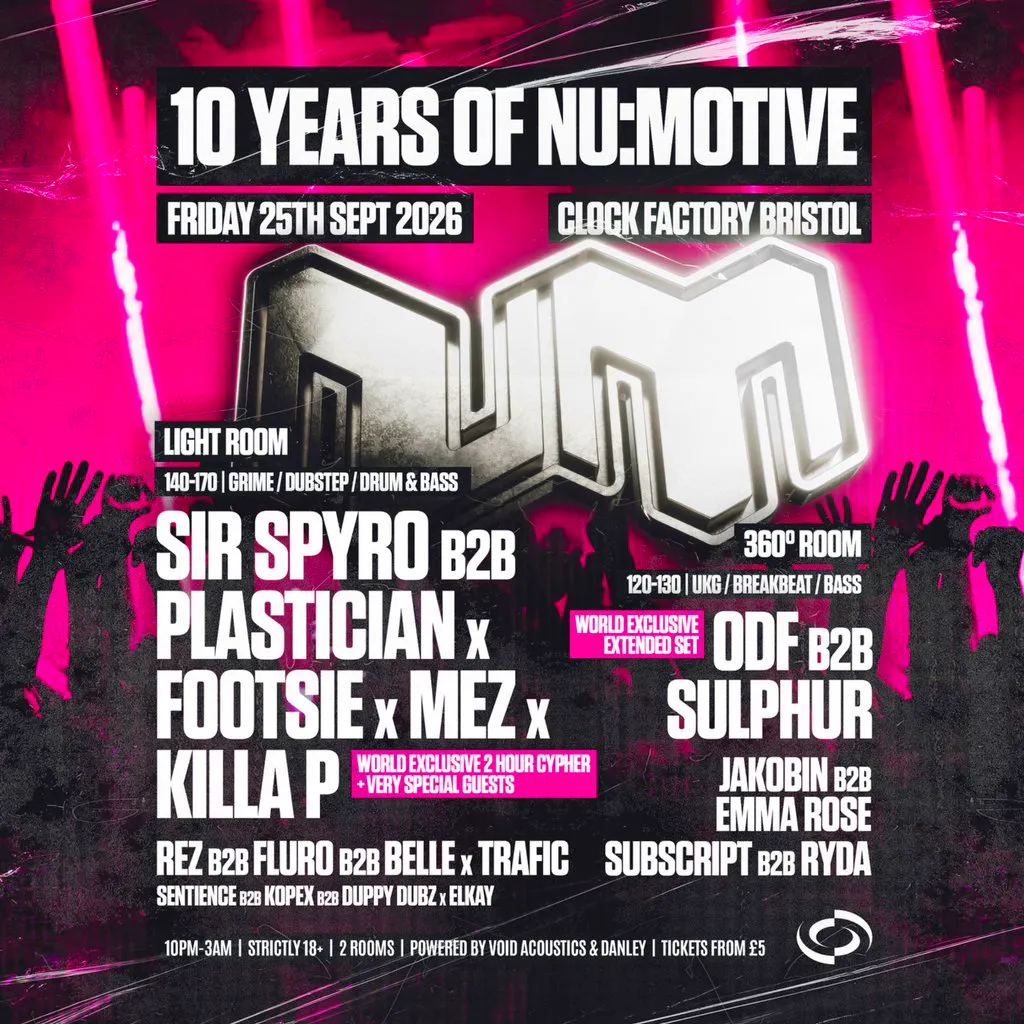 10 Years of NM: Sir Spyro B2B Plastician, Footsie, + More at Clock Factory Bristol