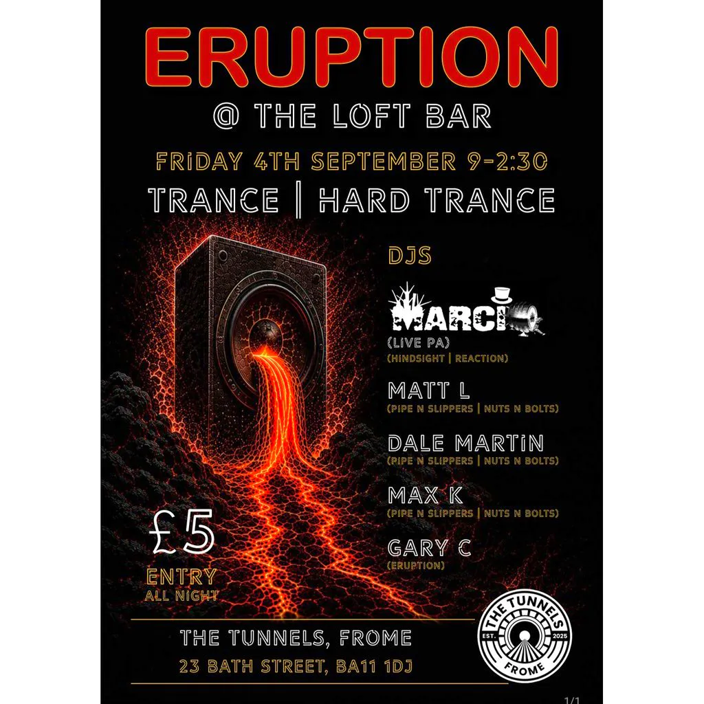Eruption Trance & Hard Trance in the Loft Bar at The Tunnels Frome