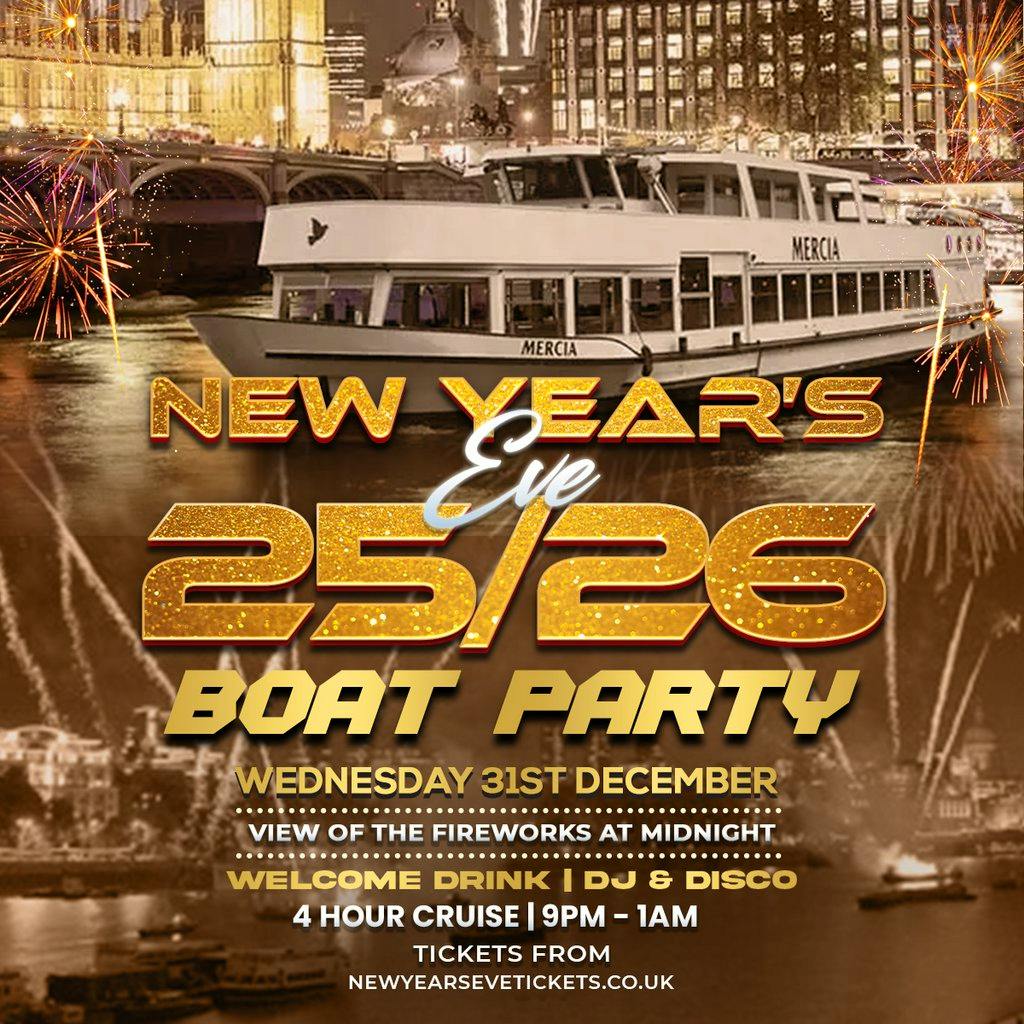 New Years Eve London 2025/25 Fireworks View Thames Boat Party at Millbank Millennium Pier 