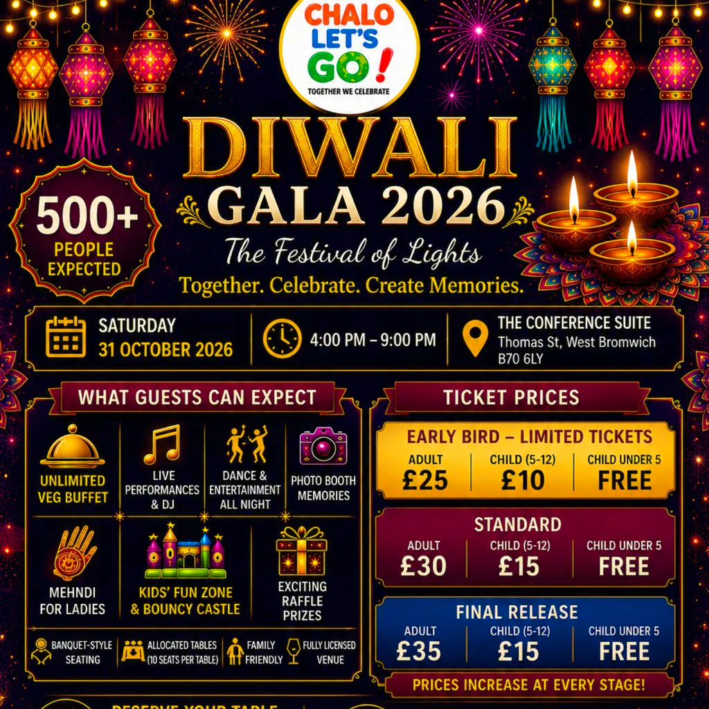 Diwali Gala 2026 | Birmingham Dinner, DJ & Family Celebration at The Conference Suite