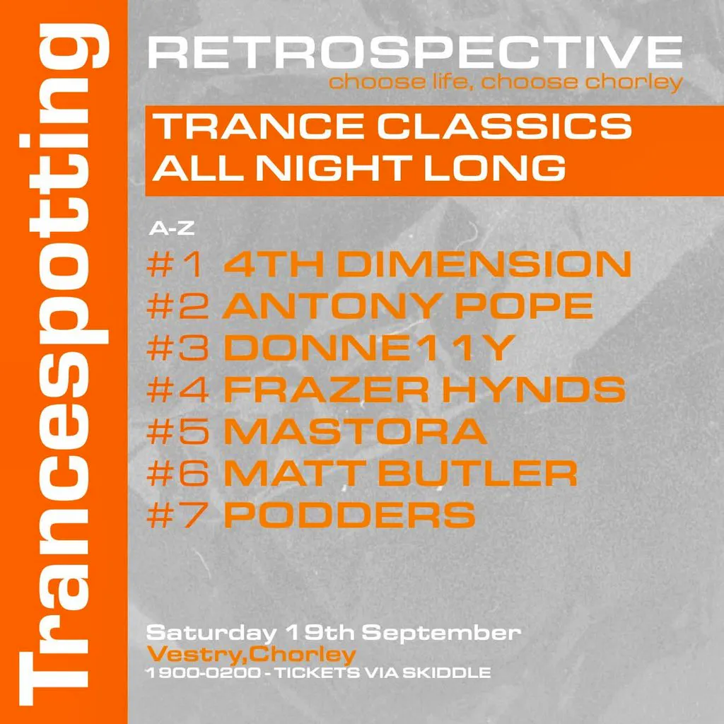 Retrospective pres. Trancespotting at Vestry 55 Chapel St, Chorley PR7 1BU