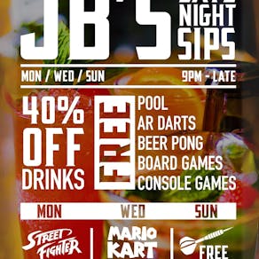 JBs Late Night Sips + 40% Off Drinks + Free Games (Mon/Wed/Sun)