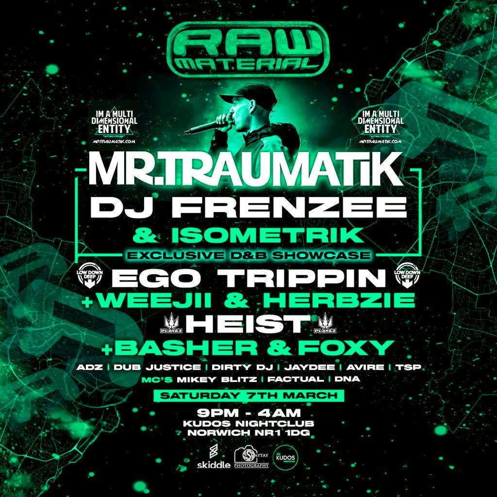 Raw Material presents: Mr Traumatik + more at Kudos Bar And Nightclub