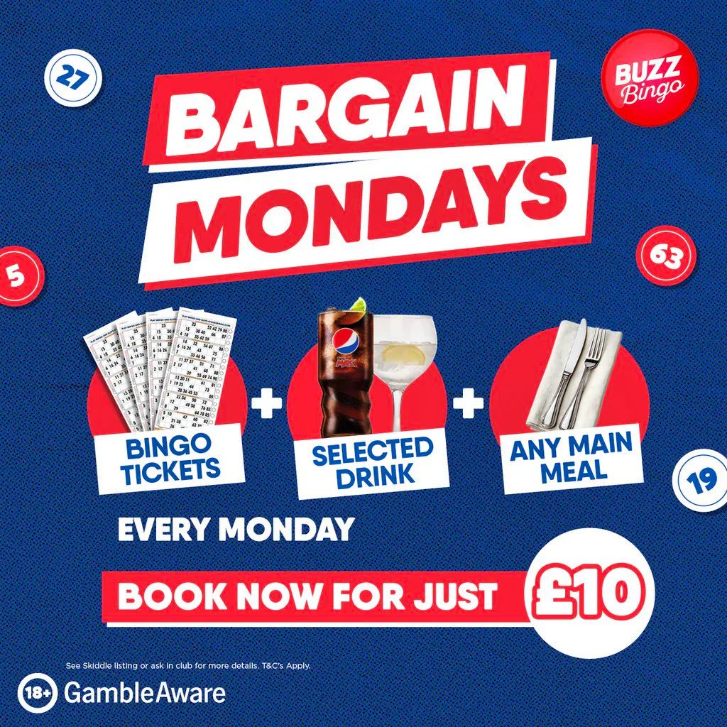 Eat, Drink & Play Bargain Monday 30/03 - Buzz Bingo Stockport at Buzz Bingo Stockport
